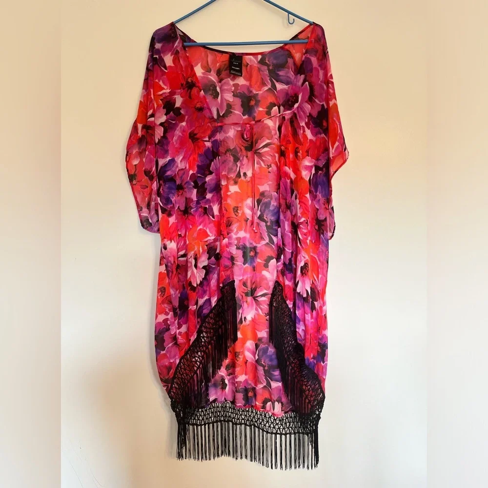 Women's Catalina Kimono Cover Up Chiffon Floral Beach Short Sleeve Fringe Size M